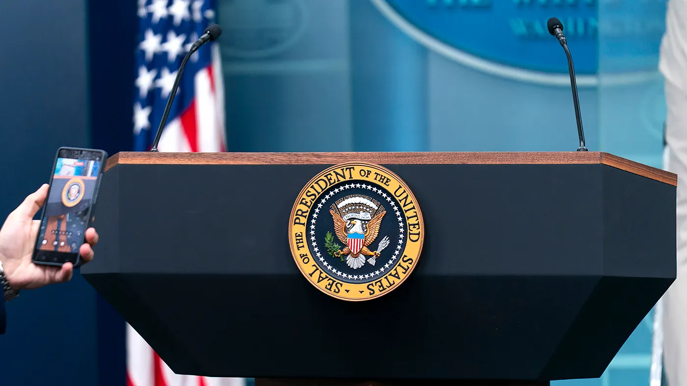 The Presidential Seal is photographed before President Trump addresses reporters at a press conference in the briefing room at the White House in Washington, D.C., to address crime and violence in the city on Monday, August 11, 2025.