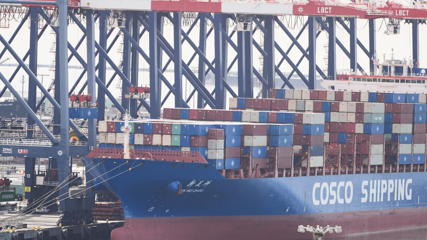 A ship is docked at the Port of Long Beach Friday, Feb. 20, 2026, in Long Beach, Calif. (AP Photo/Damian Dovarganes)