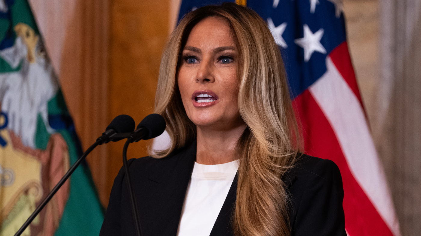 First lady Melania Trump speaks about Trump Accounts for children in foster care at the Department of Treasury, Thursday, June 11, 2026, in Washington. (AP Photo/Allison Robbert)