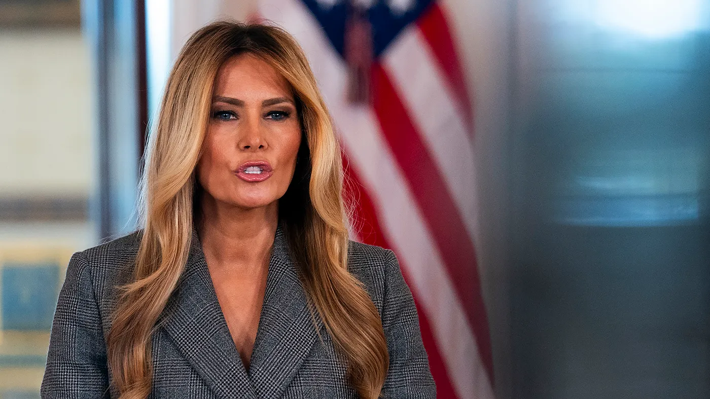 First lady Melania Trump makes a statement regarding her communication with Jeffrey Epstein in the Grand Foyer of the White House in Washington, D.C., on Thursday, April 9, 2026.