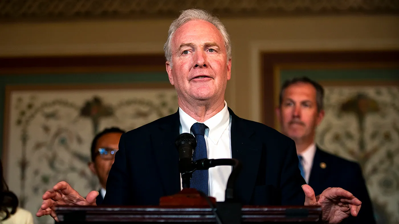 Sen. Chris Van Hollen (D-Md.) addresses reporters following a Maryland congressional delegation meeting with Gov. Wes Moore (D) at the U.S. Capitol on June 25, 2026.