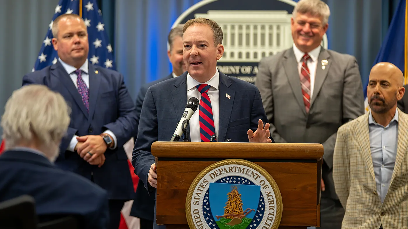 EPA Administrator Lee Zeldin addresses the press during a press conference at the Department of Agriculture headquarters in Washington, D.C., on July 1, 2026.