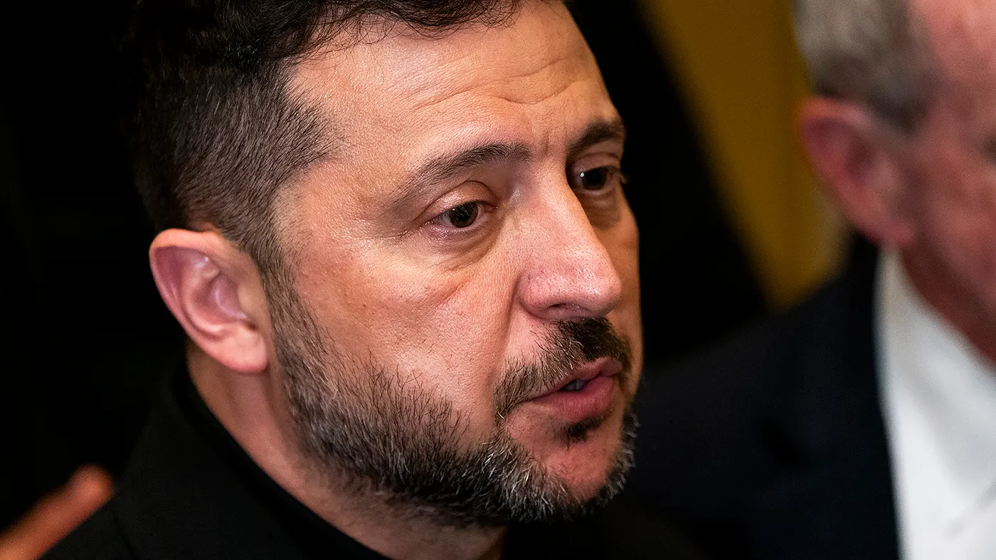 Ukrainian President Volodymyr Zelensky answers a question following a meeting with senators to discuss the Lindsey O. Graham Sanctioning Russia and Iran Act at the U.S. Capitol in Washington, D.C., on July 28, 2026.
