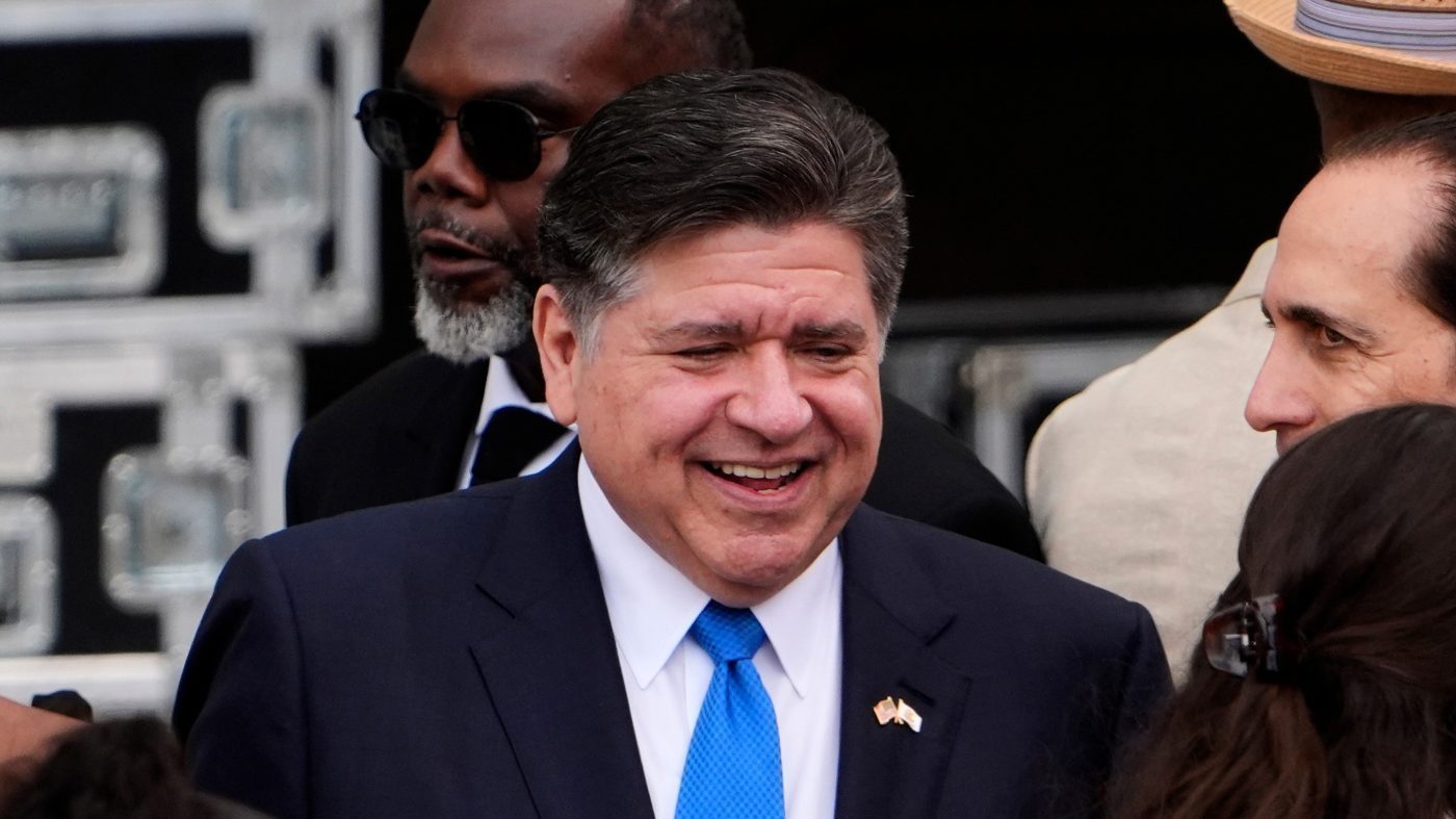 Illinois Gov. JB Pritzker mingles ahead of the Obama Presidential Center dedication ceremony, June 18, 2026, in Chicago.