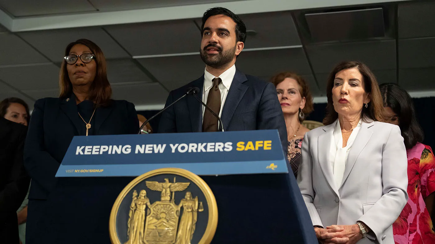 New York Mayor Zohran Mamdani, flanked by New York Attorney General Letitia James, left, and New York Governor Kathy Hochul, takes part in a press conference to announce action against ICE overreach in New York, Aug. 12, 2026.