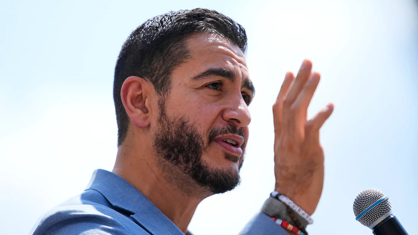 Democratic nominee for U.S. Senate Abdul El-Sayed speaks at a news conference at the base of the Spirit of Detroit monument in Detroit, Aug. 19, 2026.
