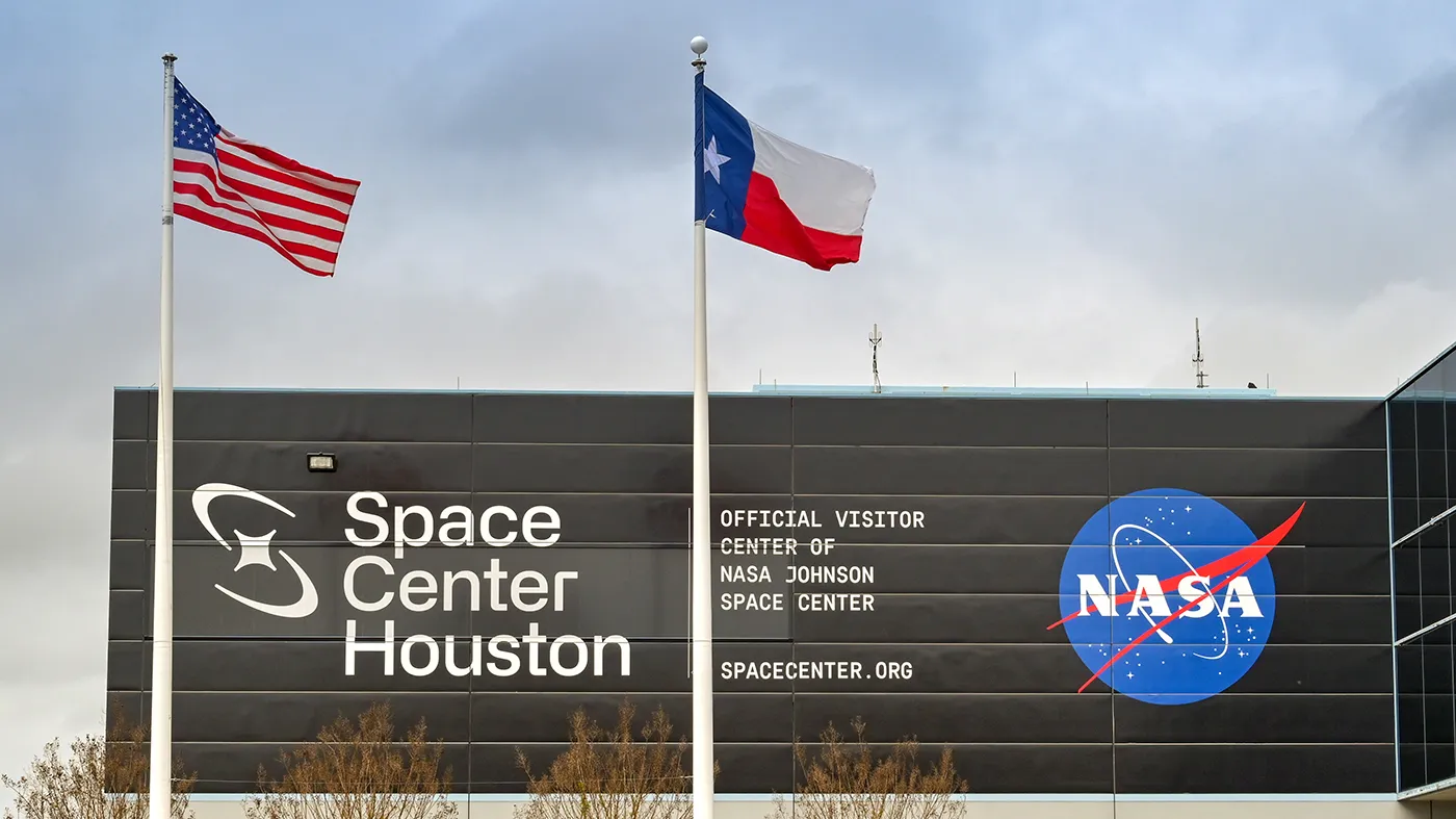 Front exterior view of the NASA Johnson Space Center in Houston.