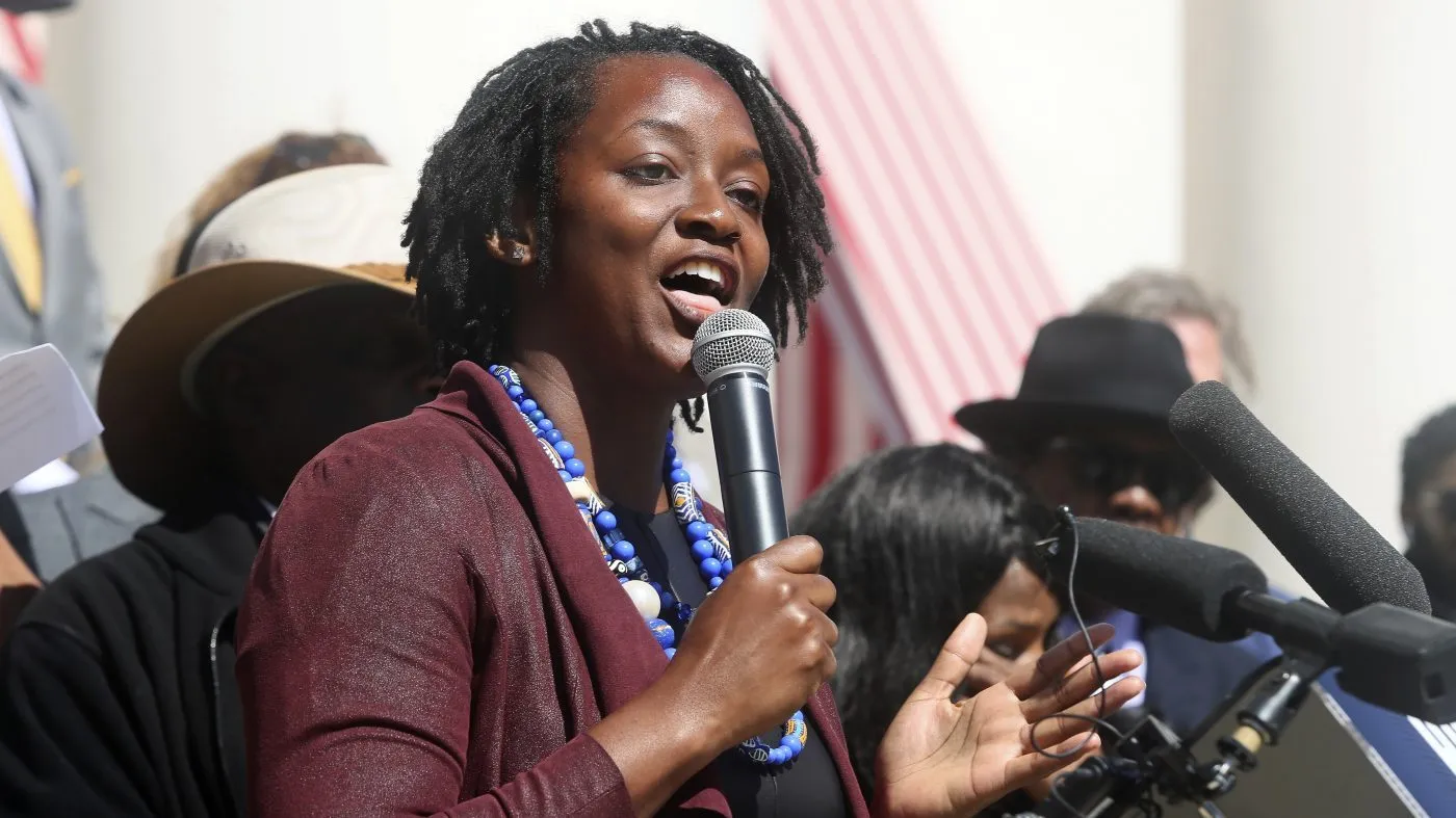 State Rep. Angie Nixon (D) speaks at a rally against Gov. Ron DeSantis’s redistricting map in front of the Old Capitol, April 19, 2022, in Tallahassee, Fla.