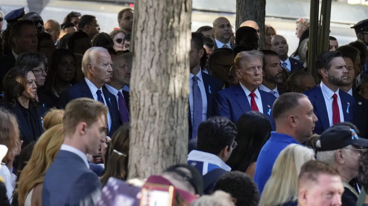 From left, Senate Majority Leader Chuck Schumer of N.Y., Democratic presidential nominee Vice President Kamala Harris, President Joe Biden, Republican presidential nominee former President Donald Trump and Republican vice presidential nominee Sen. JD Vance, R-Ohio, attend a 9/11 commemoration ceremony at Ground Zero, in New York, Wednesday, Sept. 11, 2024. (AP Photo/Jacquelyn Martin)