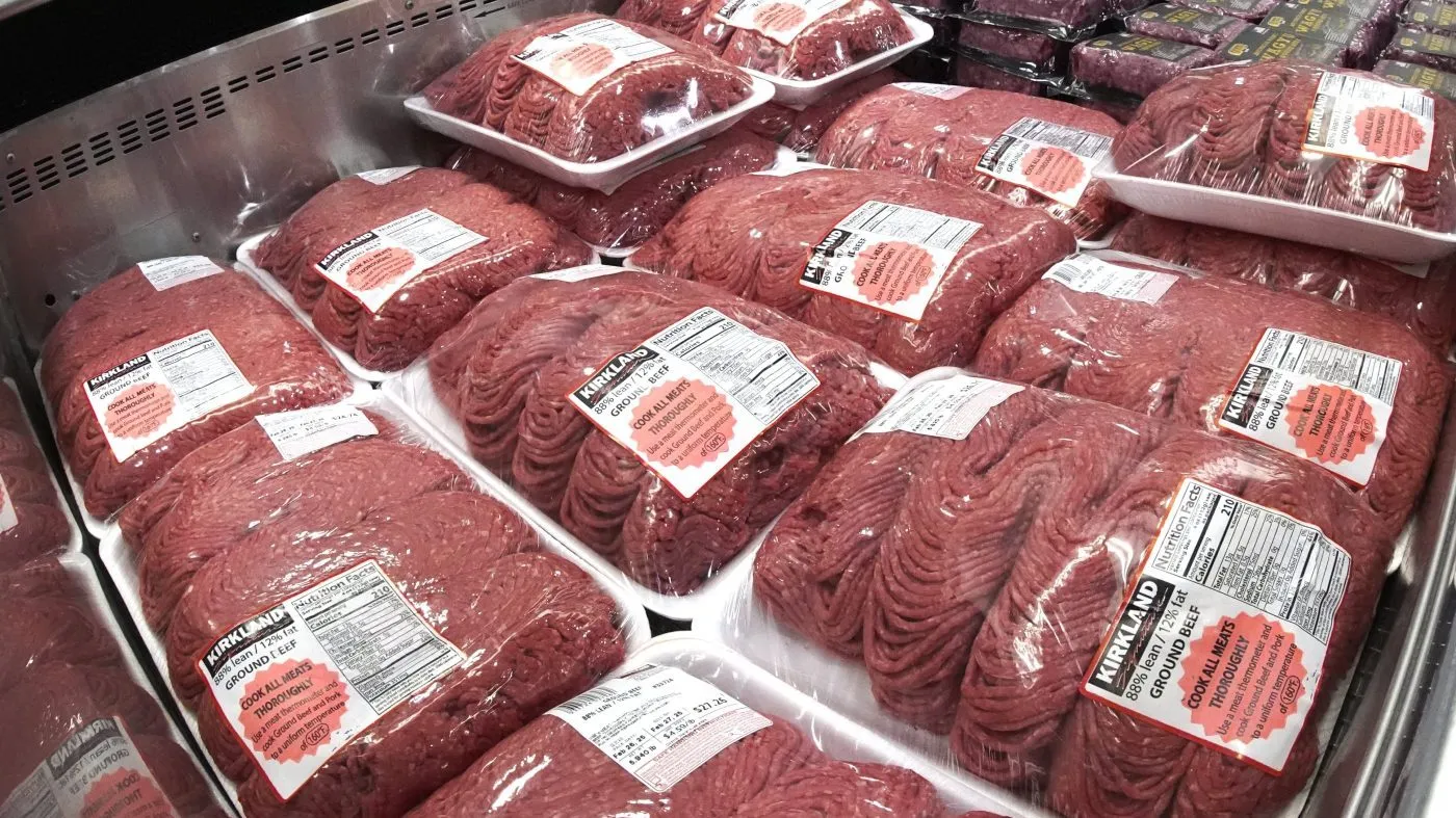 A cooler of ground beef in a Costco Warehouse in Pittsburgh on Feb. 26, 2025.
