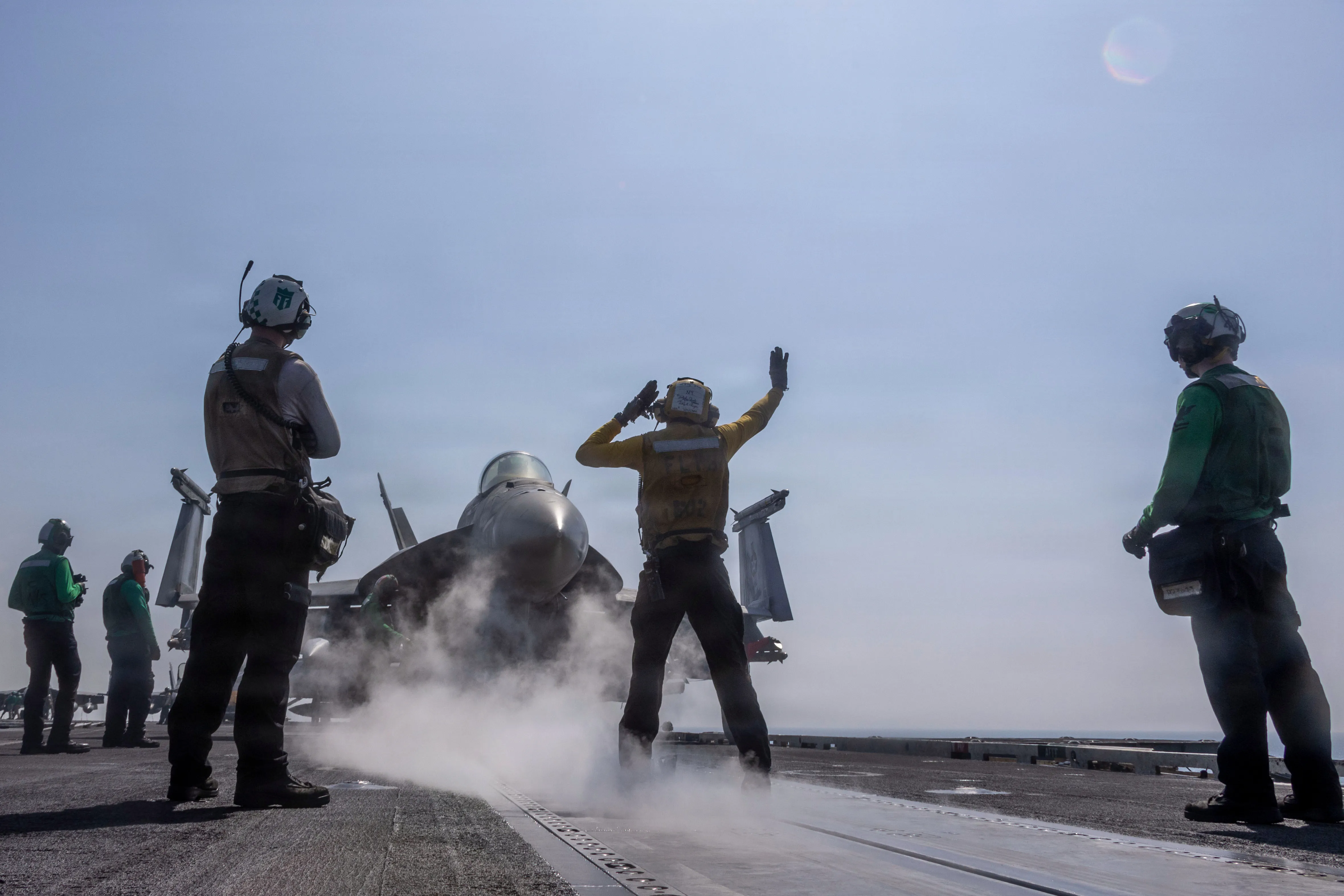 This image provided by U.S. Central Command shows a F/A-18E Super Hornet preparing to launch from the flight deck of Nimitz-class aircraft carrier USS Abraham Lincoln (CVN 72) in support of Operation Epic Fury, on Feb. 28, 2026.