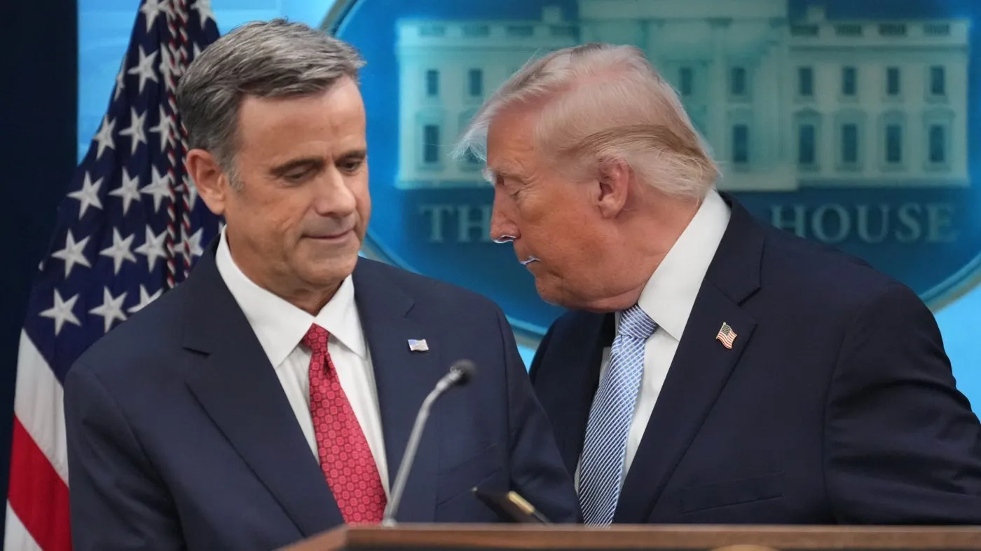 President Trump moves from the podium to allow CIA Director John Ratcliffe to speak with reporters April 6, 2026, in the James Brady Press Briefing Room at the White House in Washington.