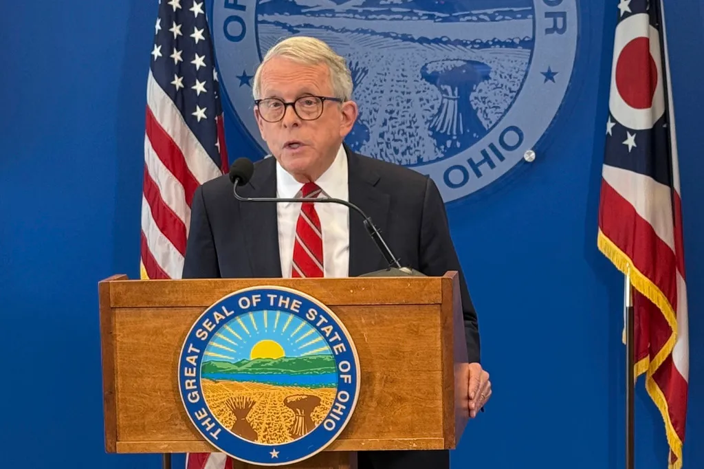 Ohio Gov. Mike DeWine speaks at a news conference on Tuesday, June 16, 2026, in Columbus, Ohio. (AP Photo/Patrick Aftoora-Orsagos)