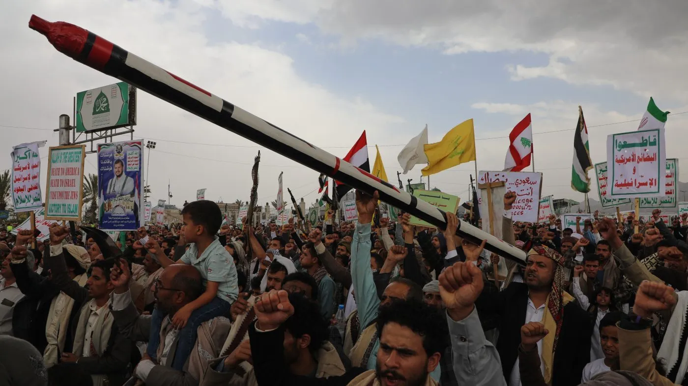 Houthi supporters chant slogans during a rally against the Saudi-led coalition in Sanaa, Yemen, July 31, 2026.