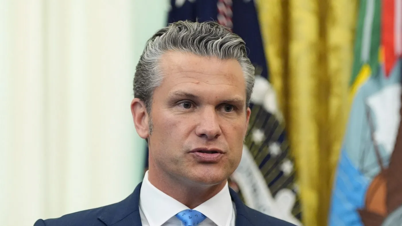 Defense Secretary Pete Hegseth speaks during a meeting about military families with President Trump in the Oval Office on Aug. 3, 2026, in Washington.