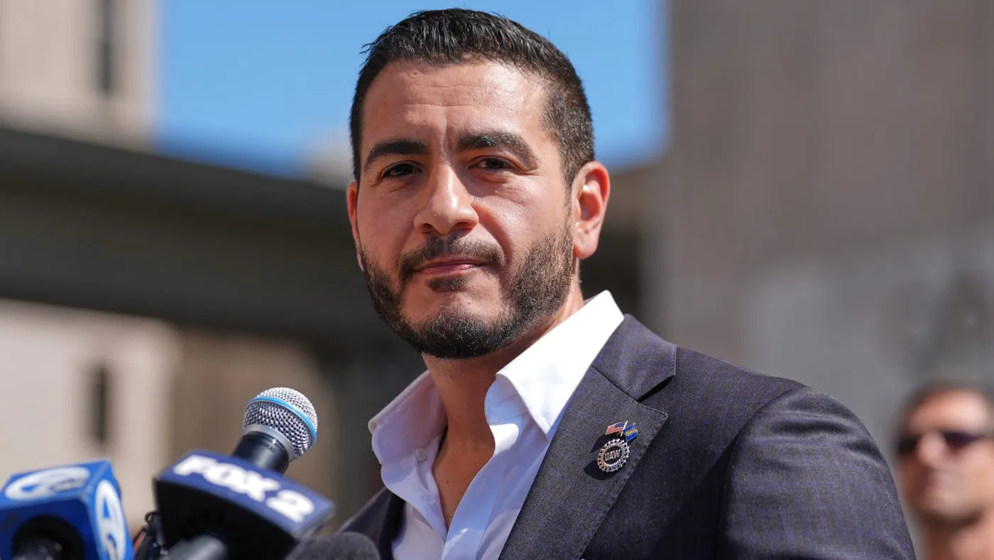Abdul El-Sayed speaks during a news conference at the Spirit of Detroit shortly after winning the Democratic nomination for U.S. Senate in Michigan, Aug. 5, 2026, in Detroit.