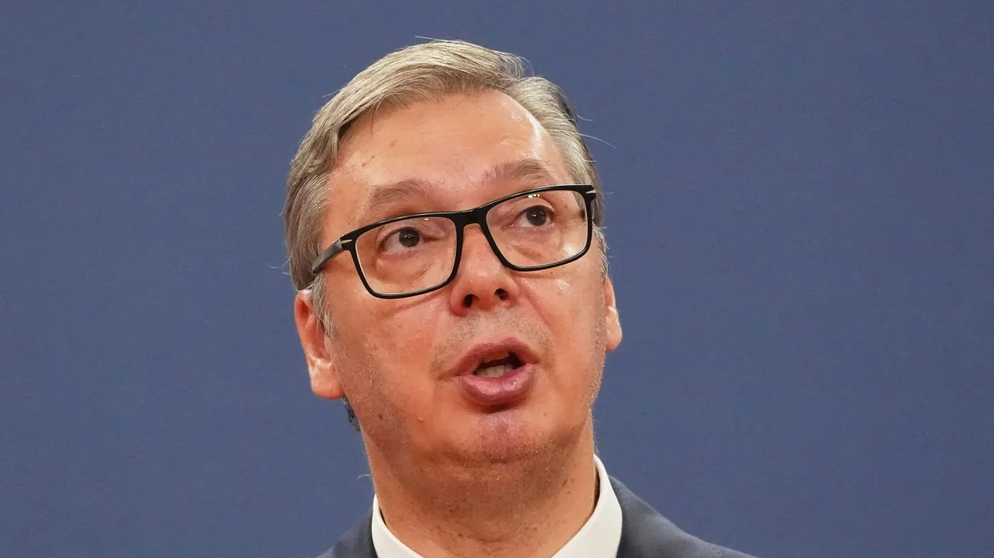Serbian President Aleksandar Vučić speaks during a press conference with Ukraine’s President Volodymyr Zelensky at the Serbia Palace, in Belgrade, Serbia, Aug. 8, 2026.