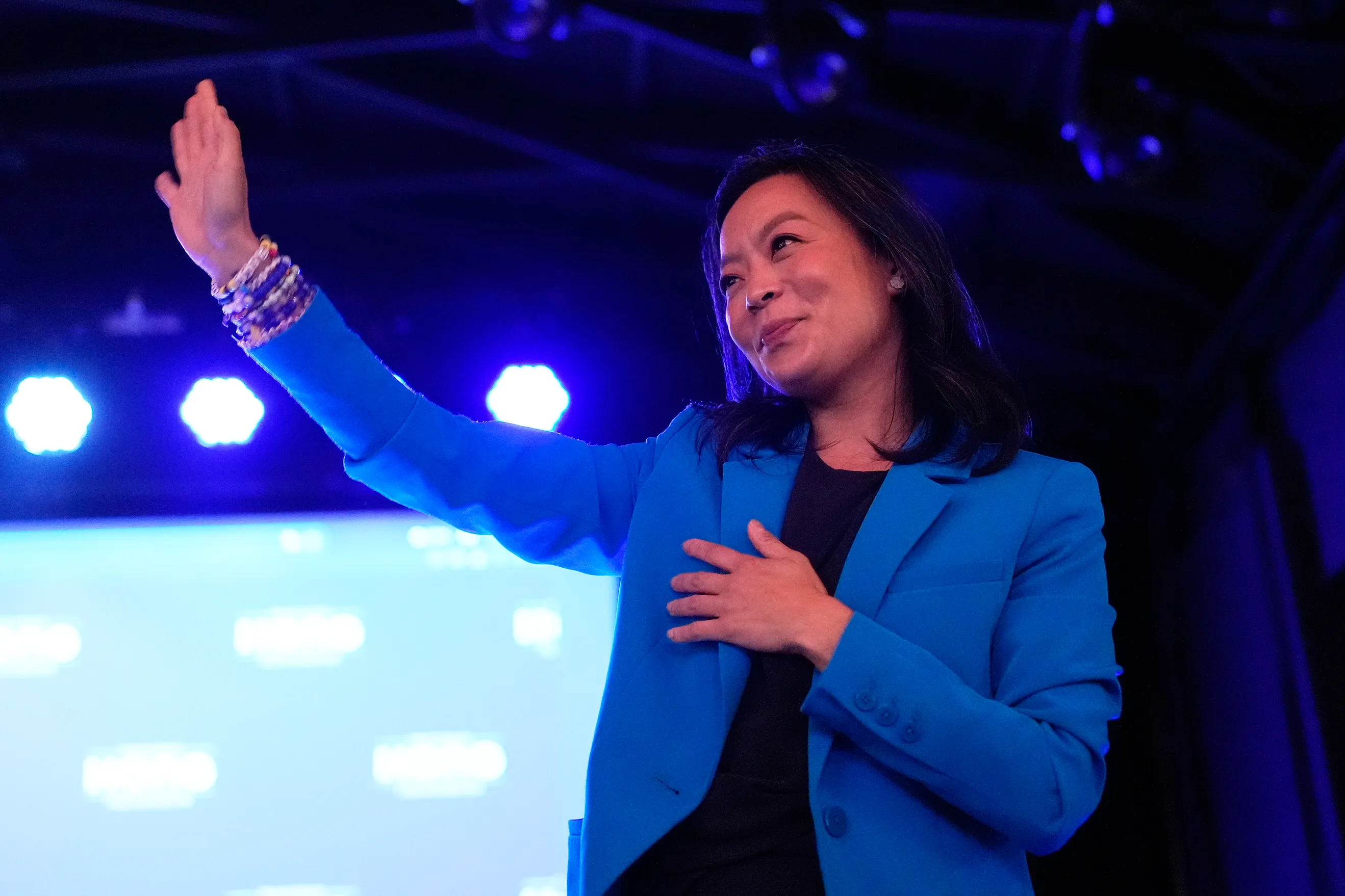 Democratic gubernatorial candidate Francesca Hong waves to supporters after speaking during a primary election night watch party Tuesday, Aug. 11, 2026, in Madison, Wis. (AP Photo/Nam Y. Huh)