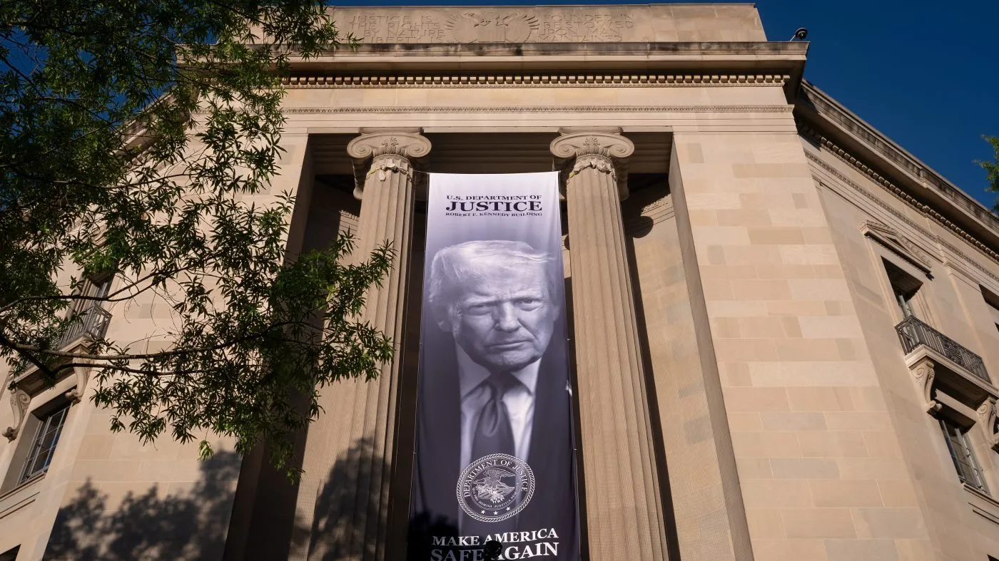 FILE – A portrait of President Donald Trump is displayed at the Justice Department building in Washington, June 2, 2026. (AP Photo/J. Scott Applewhite, File)