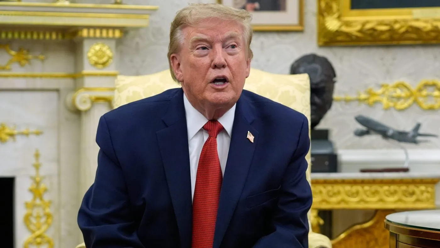 President Trump speaks as he meets with lifeguard Ryder Williams in the Oval Office of the White House, Aug. 17, 2026, in Washington.