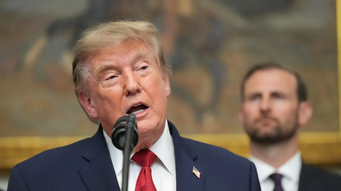 President Trump speaks during a meeting with technology leaders in the Roosevelt Room of the White House, on Aug. 19, 2026, in Washington.