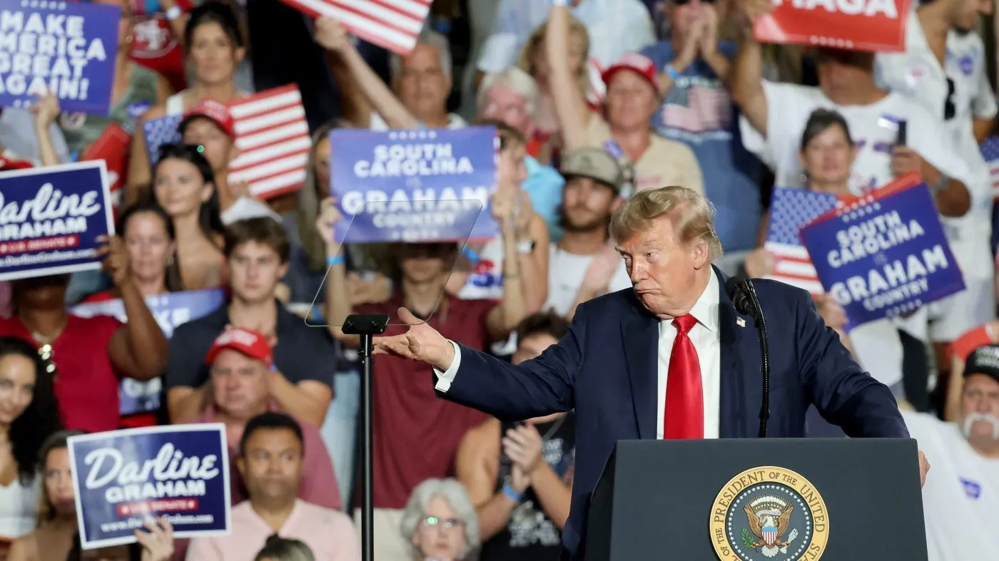 President Trump speaks during a campaign event for Sen. Darline Graham (R-S.C.) at the Myrtle Beach Convention Center in Myrtle Beach, S.C., Aug. 21, 2026.