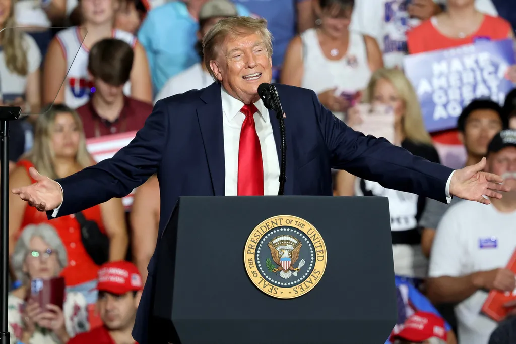 President Donald Trump speaks during a campaign event for Sen. Darline Graham, R-S.C., at the Myrtle Beach Convention Center in Myrtle Beach, S.C., Friday, Aug. 21, 2026. (AP Photo/Mic Smith)