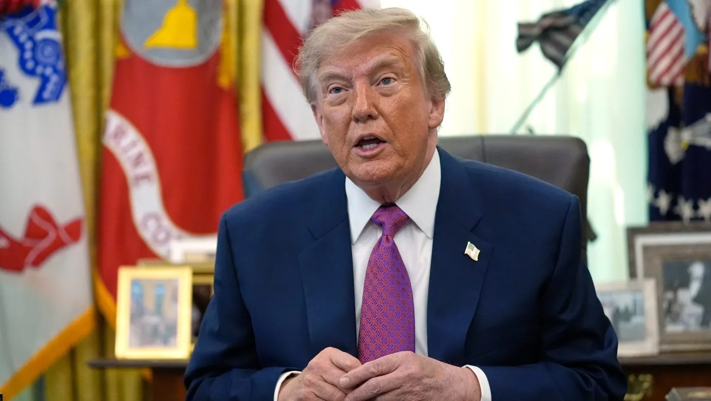 President Donald Trump speaks in the Oval Office of the White House, Thursday, Aug. 27, 2026, in Washington. (AP Photo/Manuel Balce Ceneta)