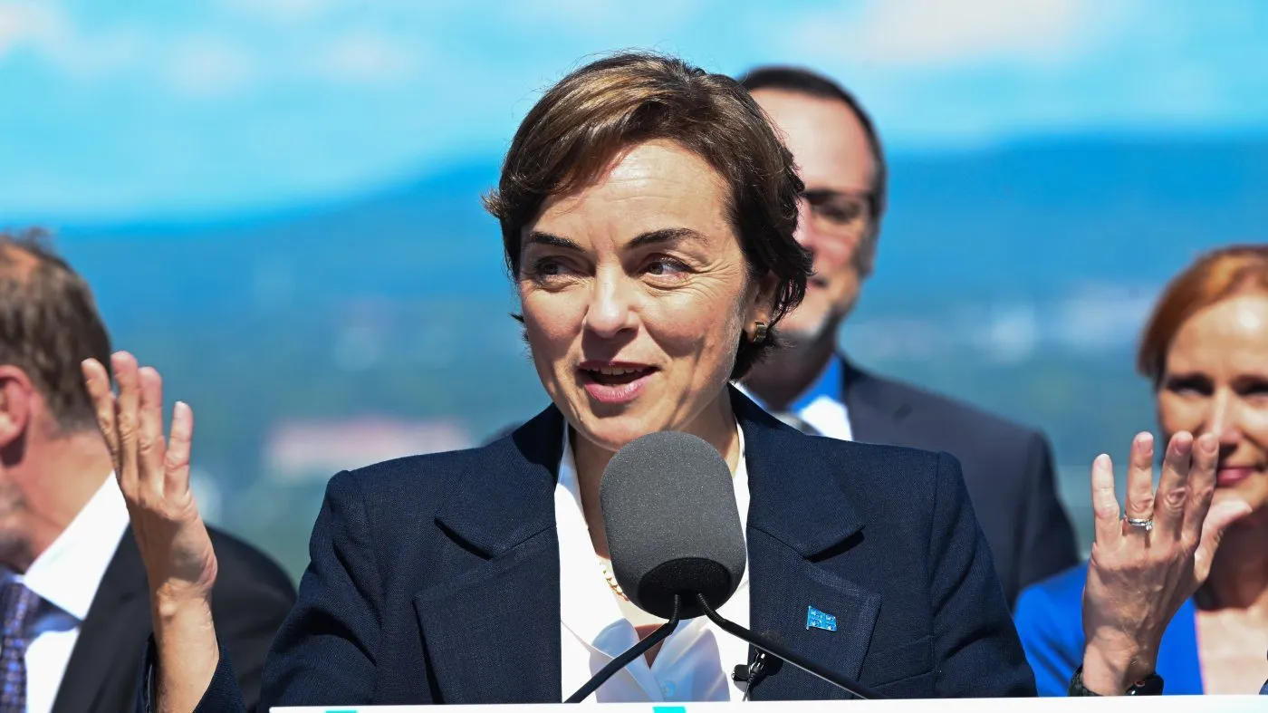 Coalition Avenir Quebec Leader Christine Frechette speaks during a news conference after calling a general election in Quebec City, on Thursday, Aug. 27, 2026. (Jacques B/The Canadian Press via AP)