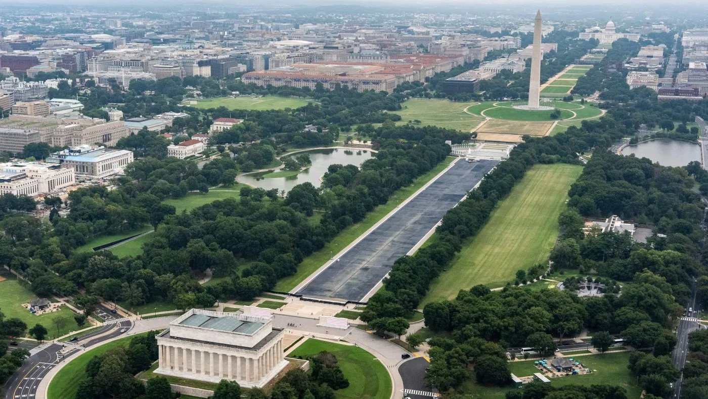 The Lincoln Memorial, Lincoln Memorial Reflecting Pool and Washington Monument are seen from the air on Aug. 30, 2026, in Washington.