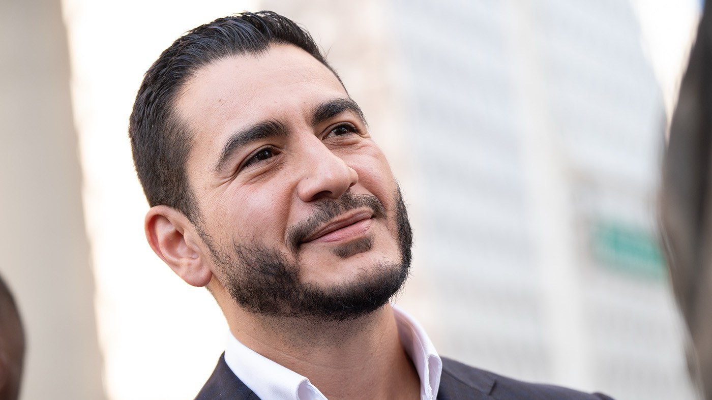 Abdul El-Sayed arrives for a news conference at the Spirit of Detroit shortly after winning the Democratic nomination for U.S. Senate in Michigan, Aug. 5, 2026, in Detroit.