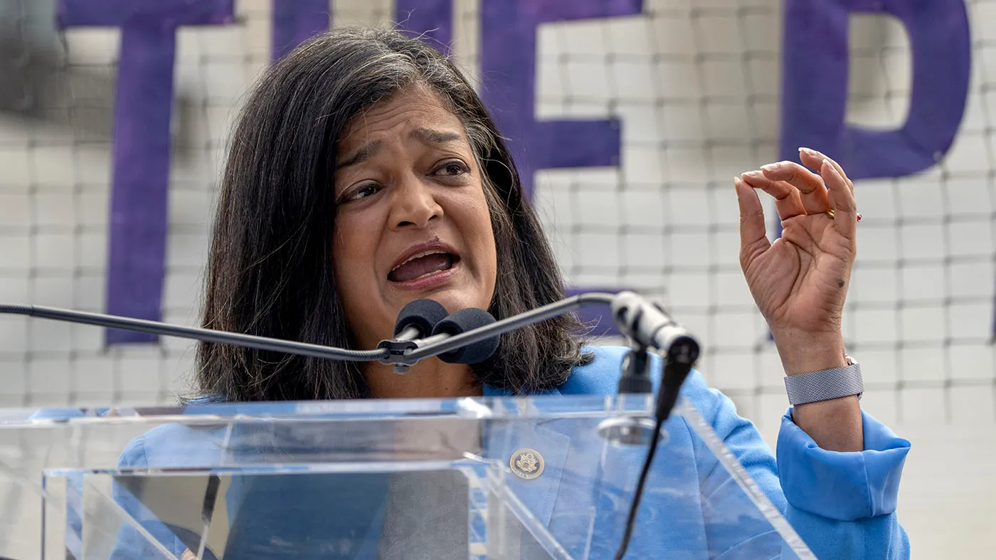 Rep. Pramila Jayapal (D-Wash.) speaks at a rally outside the Supreme Court on June 28, 2024, in Washington.