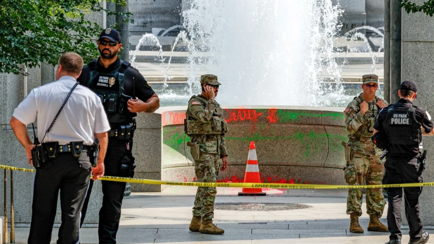 Vandalism can be seen at the World War II Memorial on Aug. 13, 2026, in Washington, D.C.