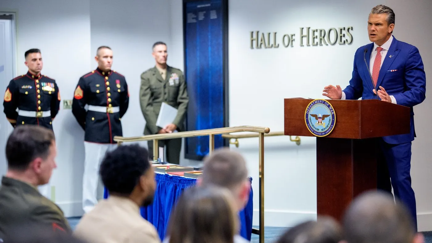 ARLINGTON, VIRGINIA – AUGUST 26: Secretary of War Pete Hegseth speaks during an event to honor Marines who were serving during the 2021 Abbey Gate bombing at the Pentagon on August 26, 2026 in Arlington, Virginia. Three U.S. Marines from Golf Company have their valor awards formally upgraded to honor their heroism and lifesaving actions during the 2021 Abbey Gate bombing at Hamid Karzai International Airport in Kabul. (Photo by Andrew Harnik/Getty Images)