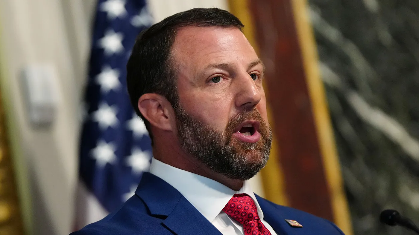 Homeland Security Secretary Markwayne Mullin speaks in the Indian Treaty Room at the Eisenhower Executive Office Building on the White House campus, July 17, 2026, in Washington.