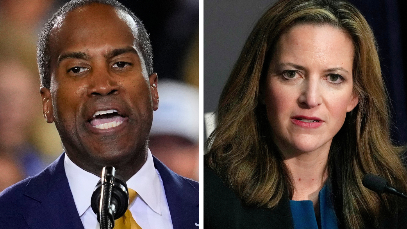 Rep. John James (R-Mich.) and Michigan Secretary of State Jocelyn Benson (D), both candidates governor in the Great Lakes State. (AP Photo/Paul Sancya/Carlos Osorio, File)