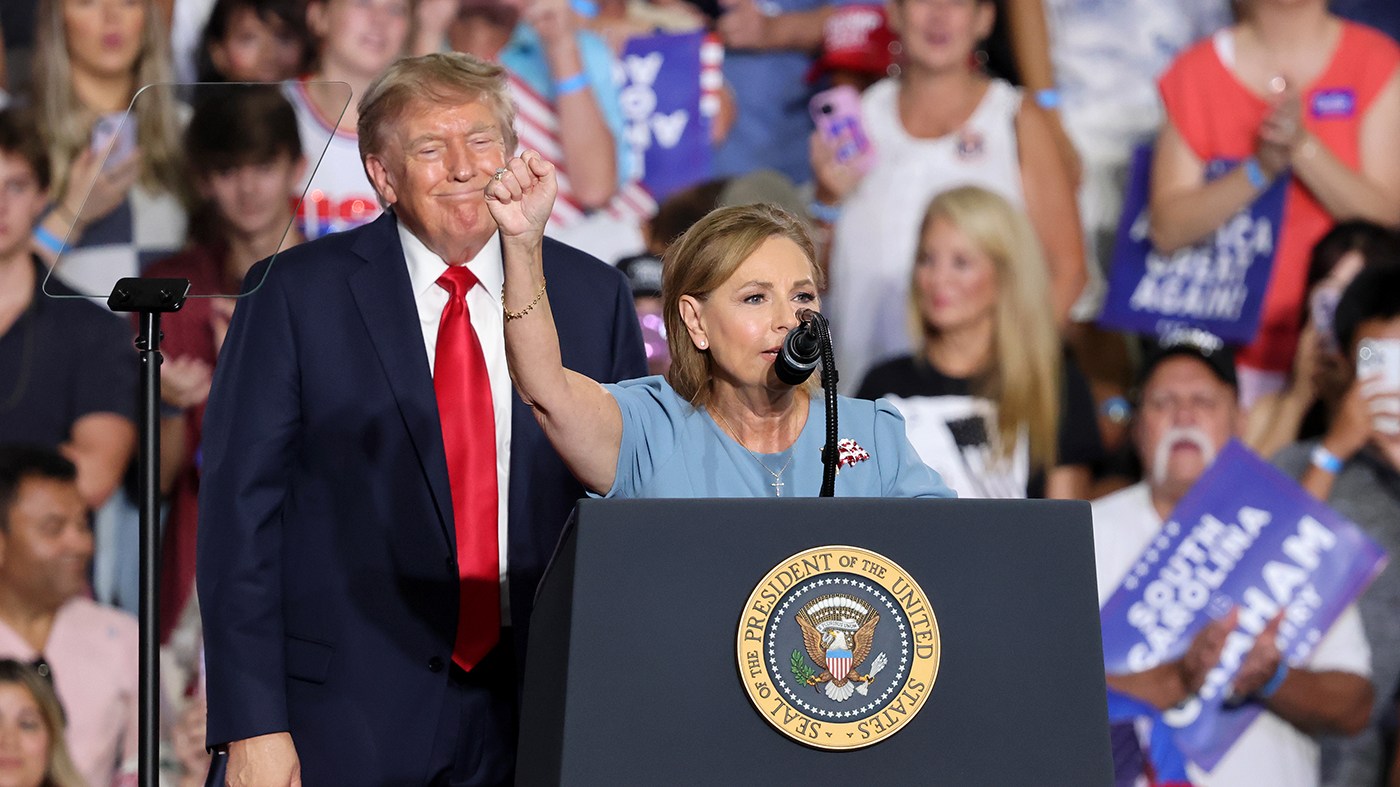 President Trump watches Sen. Darline Graham (R-S.C.) speak at her campaign event at the Myrtle Beach Convention Center in Myrtle Beach, S.C., Aug. 21, 2026.
