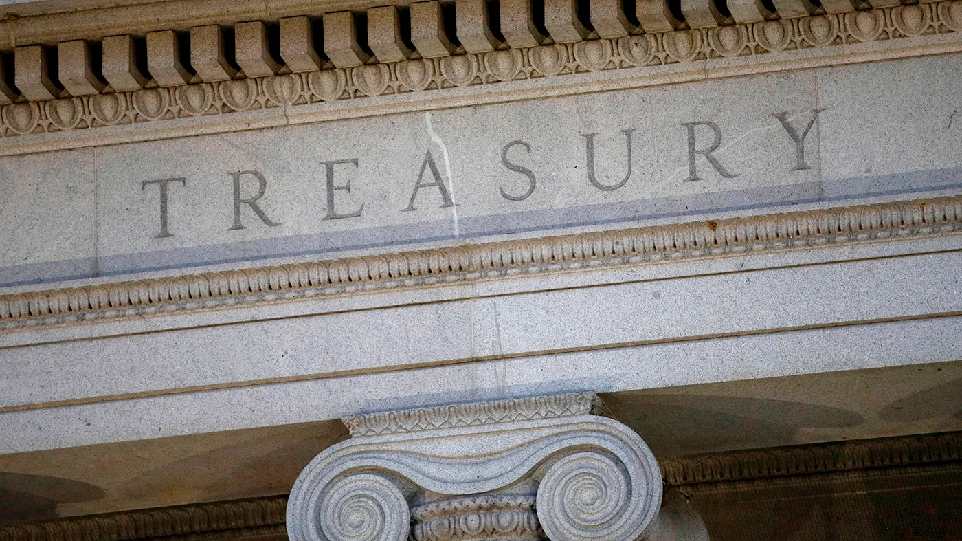 The Treasury Department building is pictured at dusk in Washington on June 6, 2019.