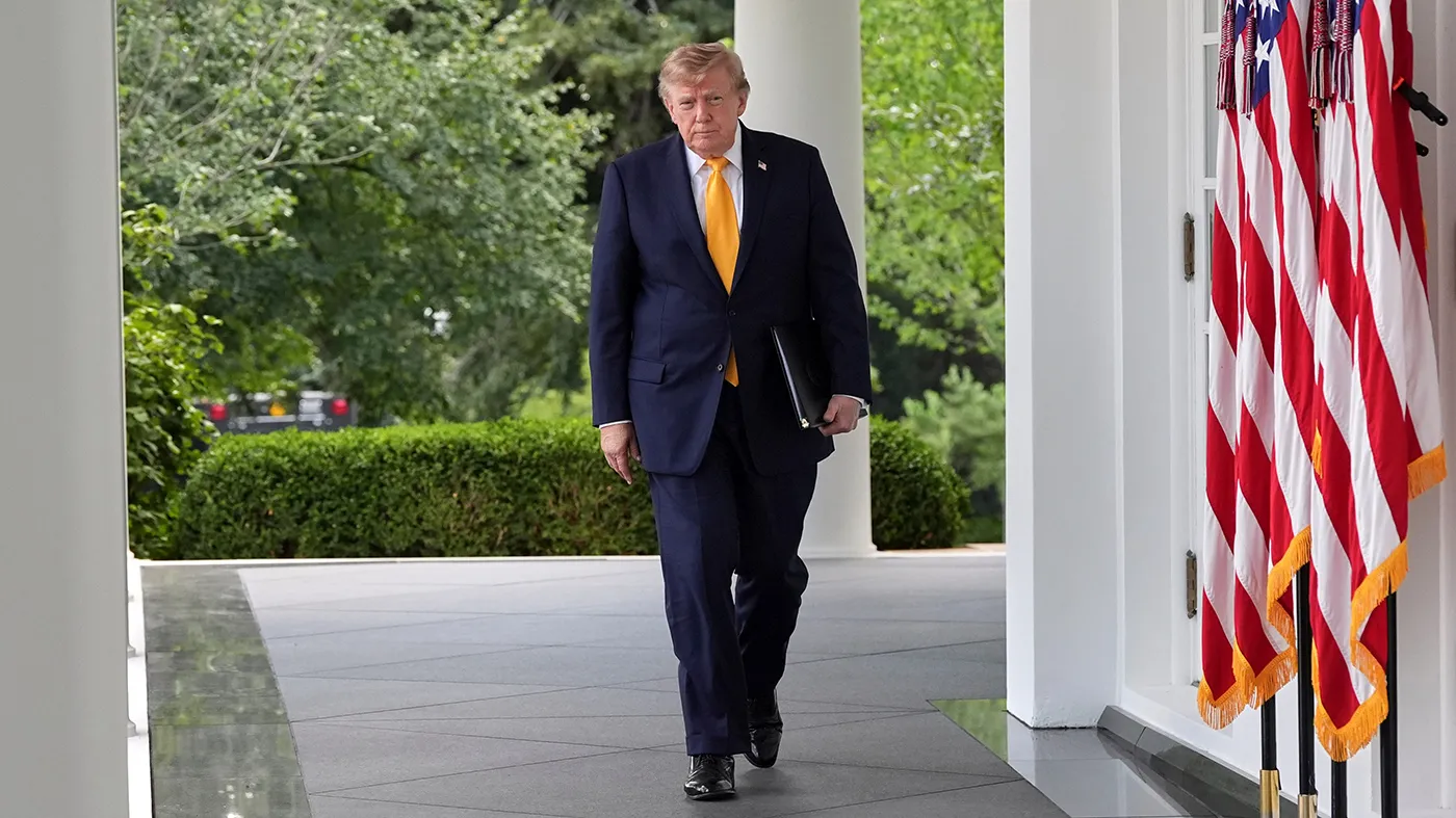 President Trump arrives to speak during a back to school event in the Rose Garden of the White House, Aug. 24, 2026, in Washington.
