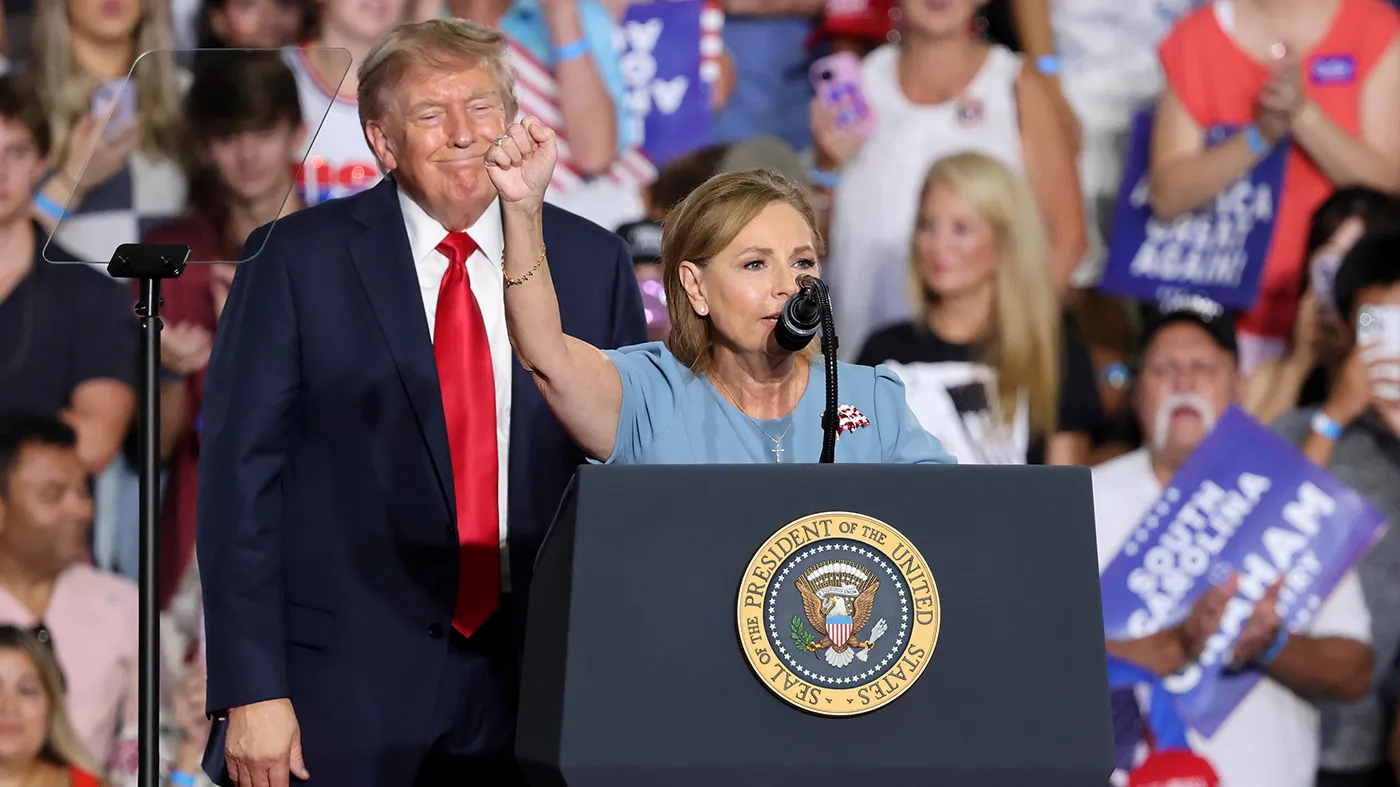 President Trump watches Sen. Darline Graham (R-S.C.) speak at her campaign event at the Myrtle Beach Convention Center in Myrtle Beach, S.C., Aug. 21, 2026.