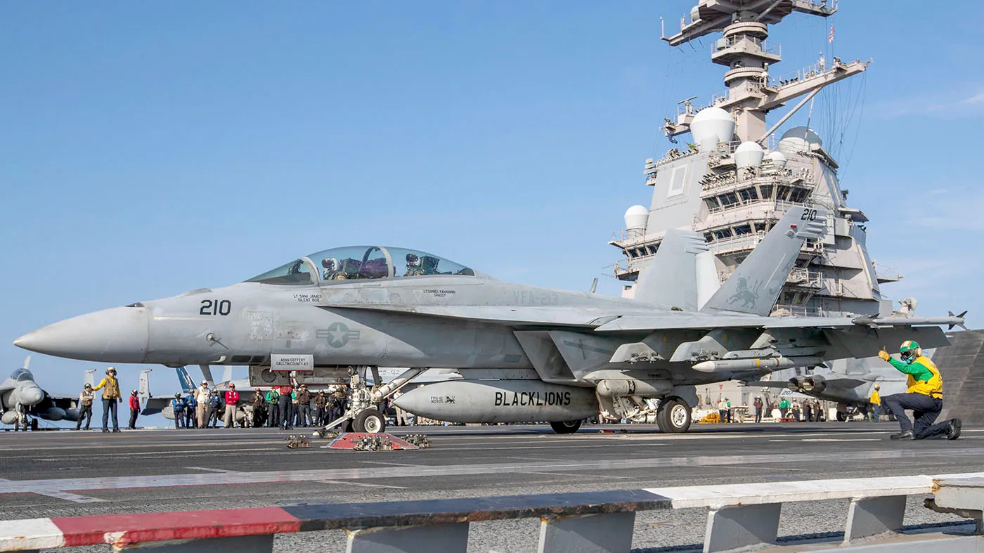 An F/A-18F Super Hornet attached to the “Blacklions” of Strike Fighter Squadron (VFA) 213 prepares to launch from the flight deck of the USS Gerald R. Ford aircraft carrier in the eastern Mediterranean Sea, Oct. 11, 2023.
