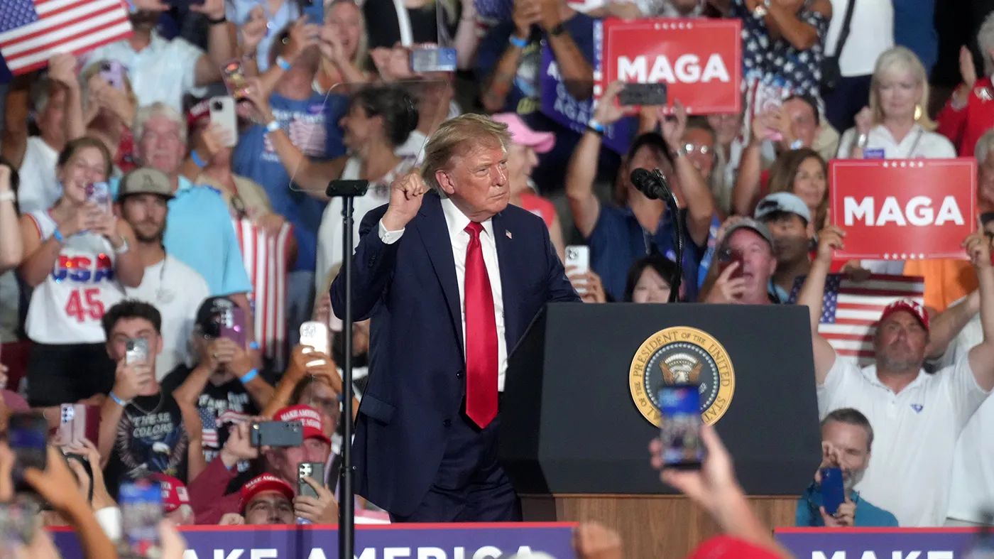 President Trump dances after finishing his remarks at a campaign rally for Sen. Darline Graham (R-S.C.) as she competes in a special Republican primary to replace her brother, the late Sen. Lindsey Graham (R-S.C.), Aug. 21, 2026, in Myrtle Beach, S.C.