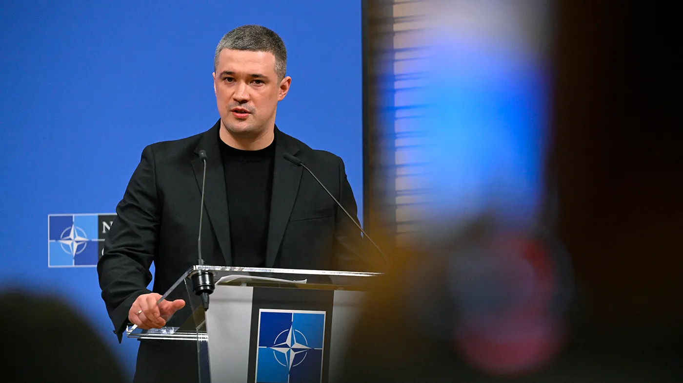 Ukraine’s former Defense Minister Mykhailo Fedorov speaks during a press conference after a meeting of the Ukraine Defense Contact Group during a NATO Defense Ministers meeting at the NATO headquarters, in Brussels, on June 18, 2026.
