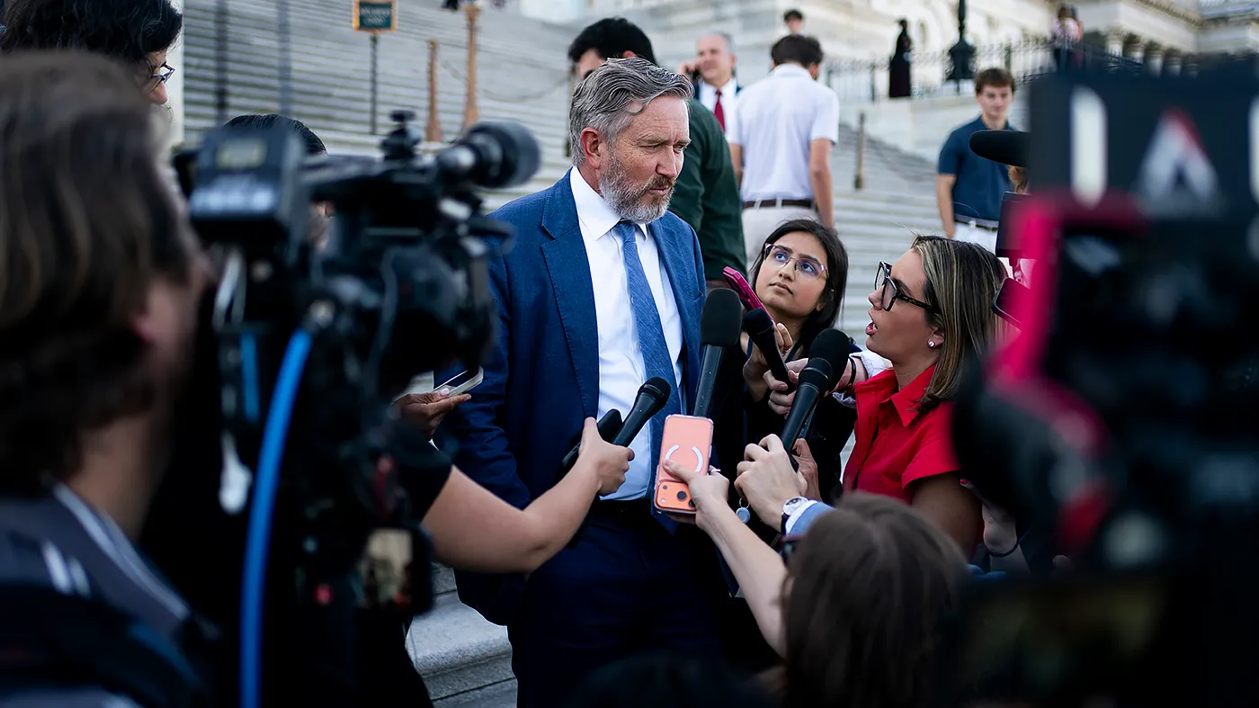 Rep. Thomas Massie (R-Ky.) speaks to reporters outside the Capitol following a series of votes including an Iran war powers resolution on Wednesday, June 3, 2026.