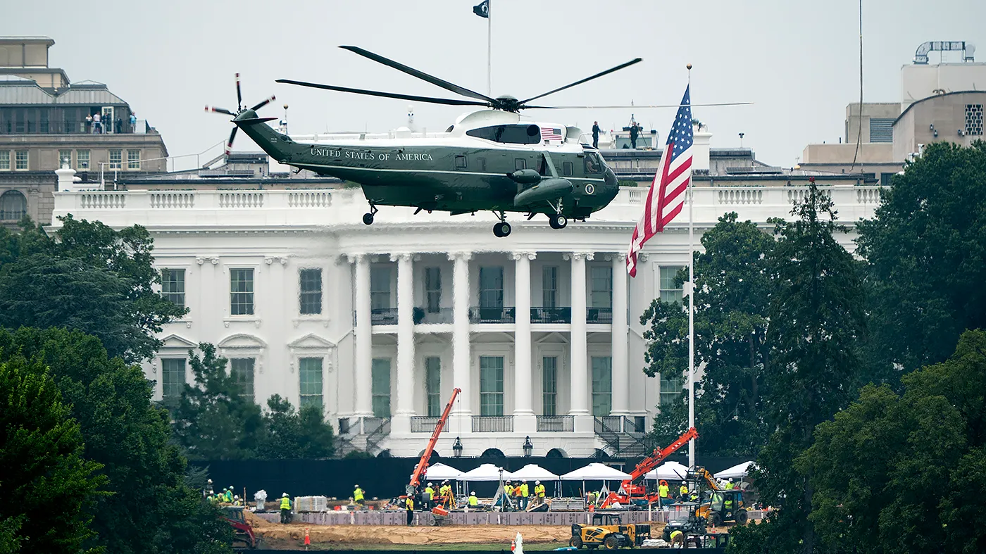 Marine One carrying President Trump lifts off from the Ellipse in Washington, D.C., on Aug. 14, 2026, as Trump heads to an event in New York and staying in Bedminster, N.J., for the weekend. Trump flew over the construction of the ballroom and helipad before heading to Andrews Air Force Base.