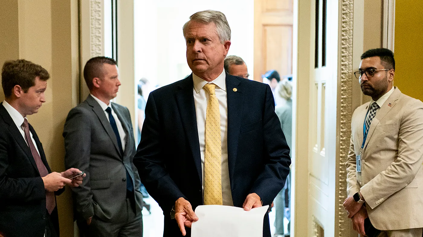 Sen. Roger Marshall (R-Kan.) leaves the weekly Senate Republican policy luncheon on Wednesday, July 29, 2026.