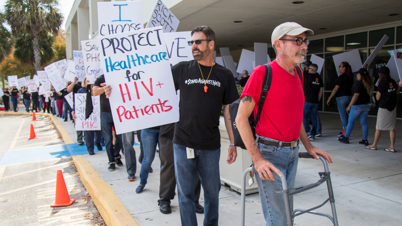 Over 130 HIV/AIDS advocates came out on Tuesday, April 10, 2018, for a protest in front of the Florida Medicaid area office in Fort Lauderdale, FL to stand up against proposed cuts by the state’s Healthcare Administration Agency, to critical insurance coverage currently provided to those living with HIV/AIDS. (Jesus Aranguren/AP Images for AIDS Healthcare Foundation)