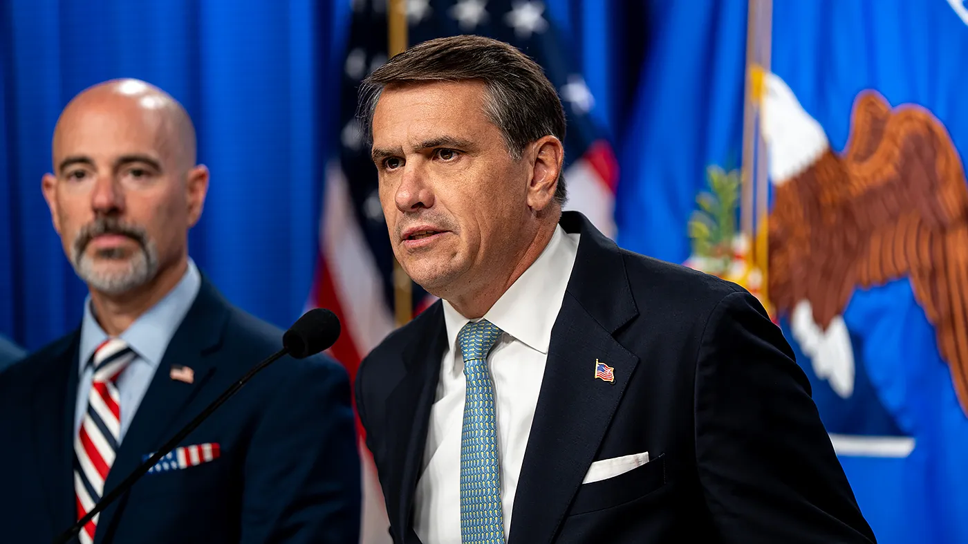 Acting Attorney General Todd Blanche addresses the press at a press conference to announce law enforcement actions against the Jalisco New Generation Cartel at the Department of Justice in Washington, D.C., on Wednesday, August 5, 2026.