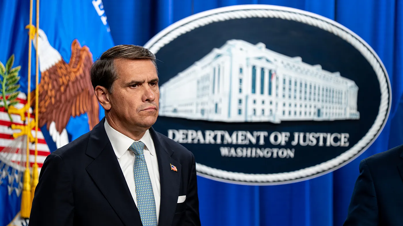 Then-acting Attorney General Todd Blanche is seen at a press conference to announce law enforcement actions against the Jalisco New Generation Cartel at the Department of Justice in Washington, D.C., on Aug. 5, 2026.