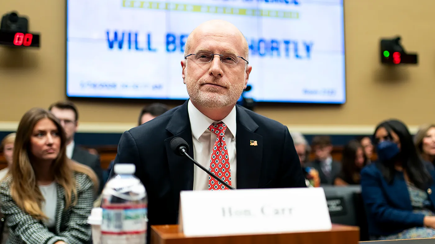 Federal Communications Commission (FCC) Chair Brendan Carr arrives for a House Energy and Commerce subcommittee hearing to discuss oversight of the FCC on Jan. 14, 2026.